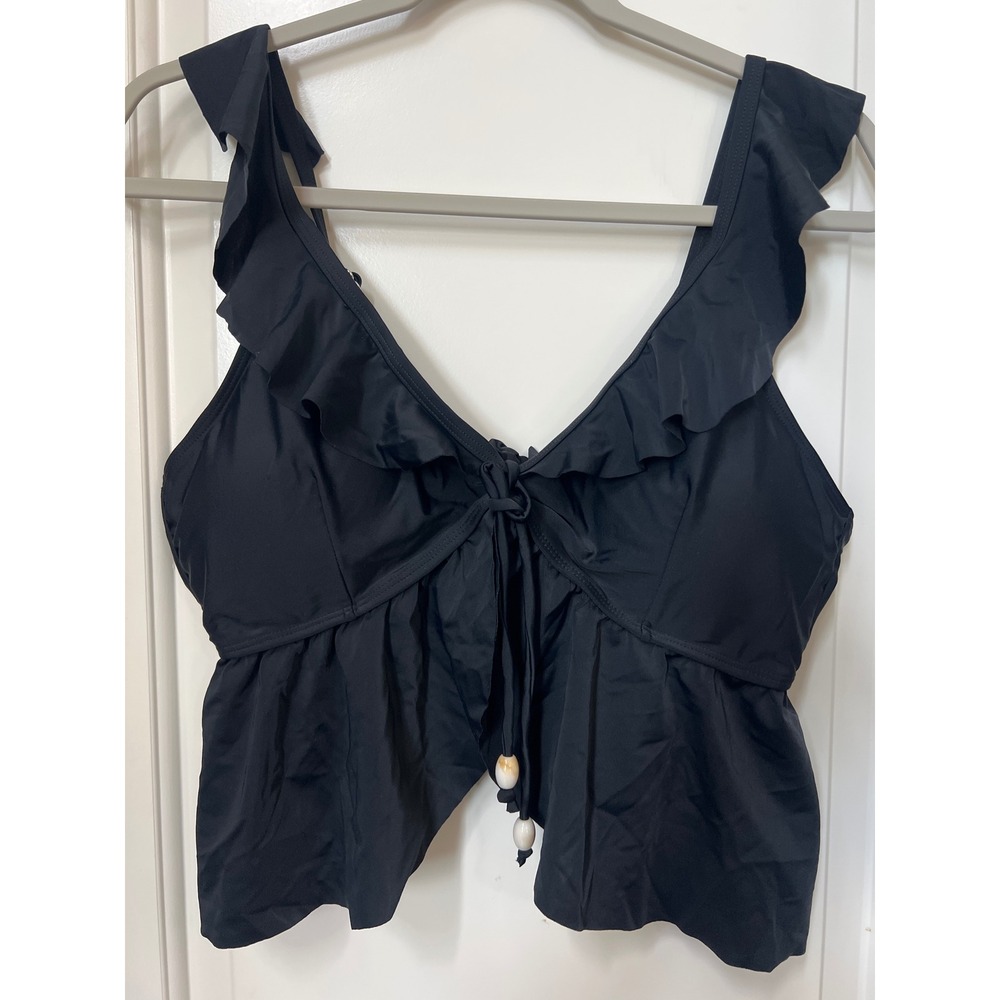 Sunshine Black Ruffle Tie Front Peplum Tankini Swim Top XL